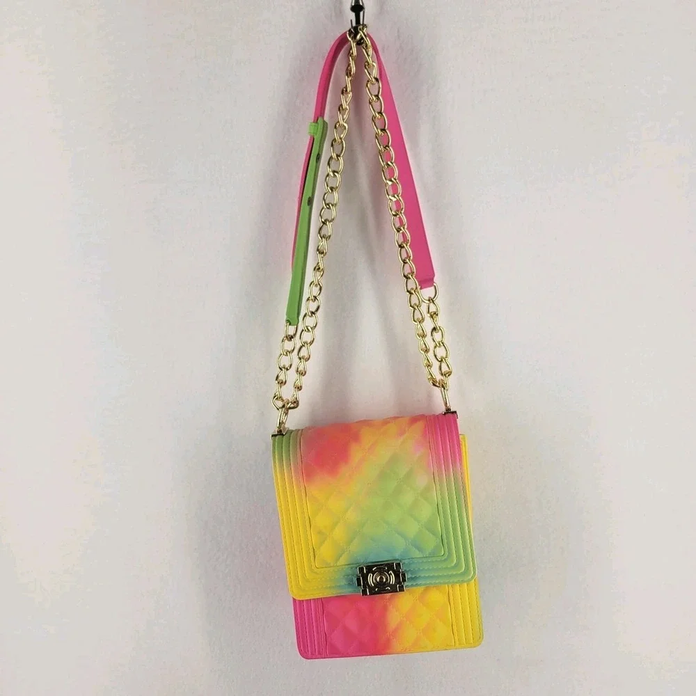 Epicstep Quilted‎ Rainbow Jelly Crossbody Bag Gold Chain Strap Ombre Tie Dye Y2K